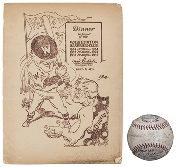 1933 Washington Senators Multi Signed OAL Harridge Baseball With 17 Signatures Including Manush, Cronin & Goslin With 1933 Senators Dinner Program (Beckett)